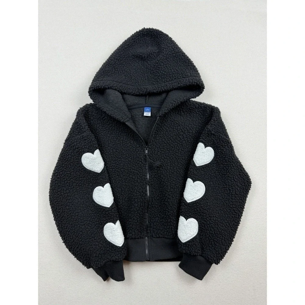 Old Navy Girl's Soft Cozy Sherpa Jacket Full‎ Zip Hoodie L (10-12) Black Pockets